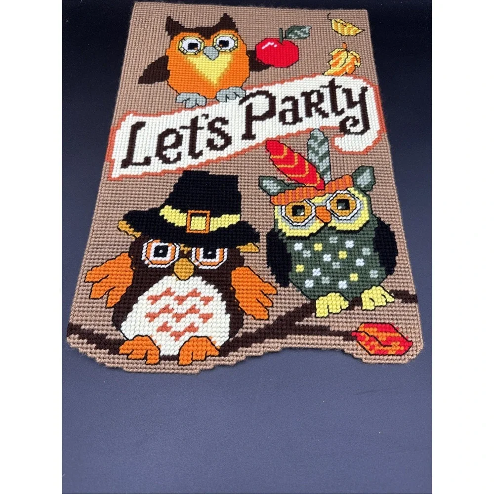 Plastic Canvas November Wall Decor Completed Thanksgiving Owls 12 X 18